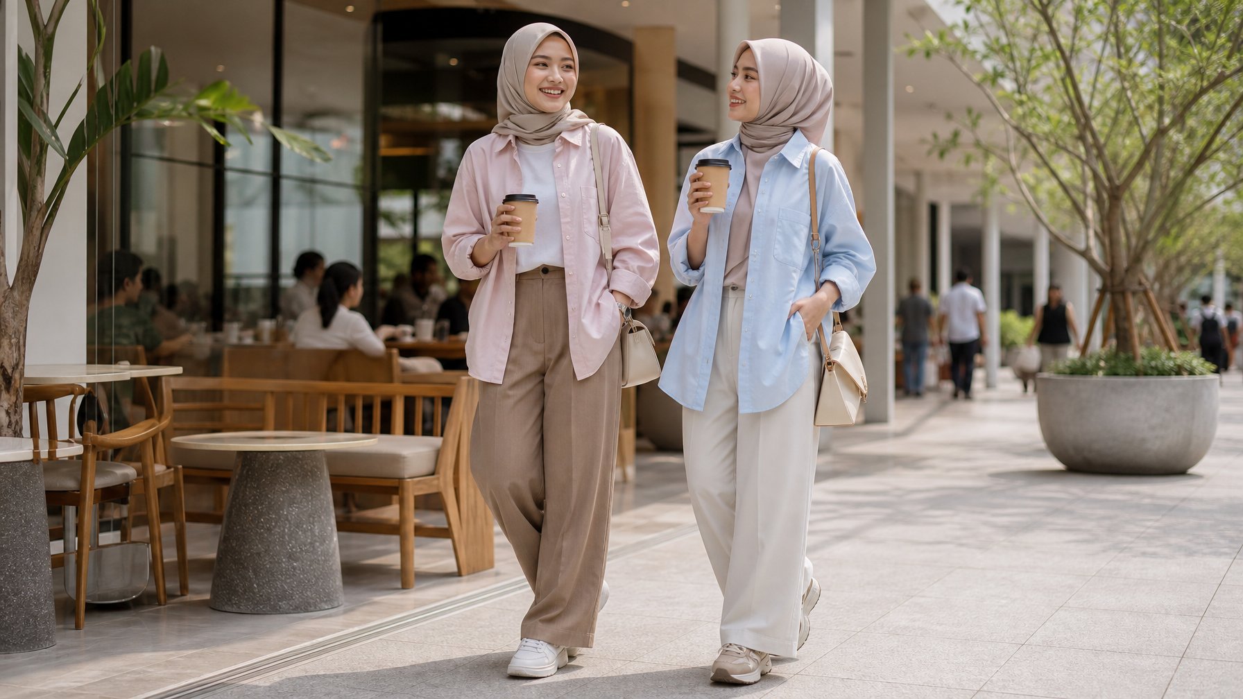 Seorang wanita berhijab mengenakan pakaian kasual modern sedang berjalan santai di area kafe.