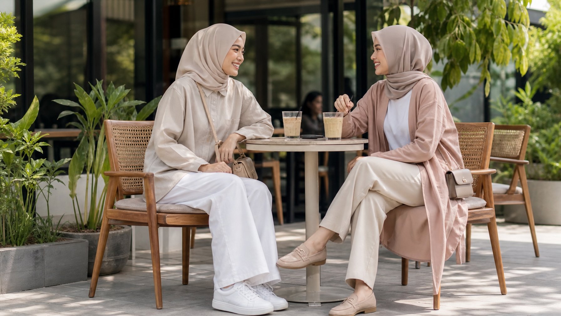 Dua perempuan berhijab mengenakan outfit kasual nyaman sedang berbincang di teras kafe.