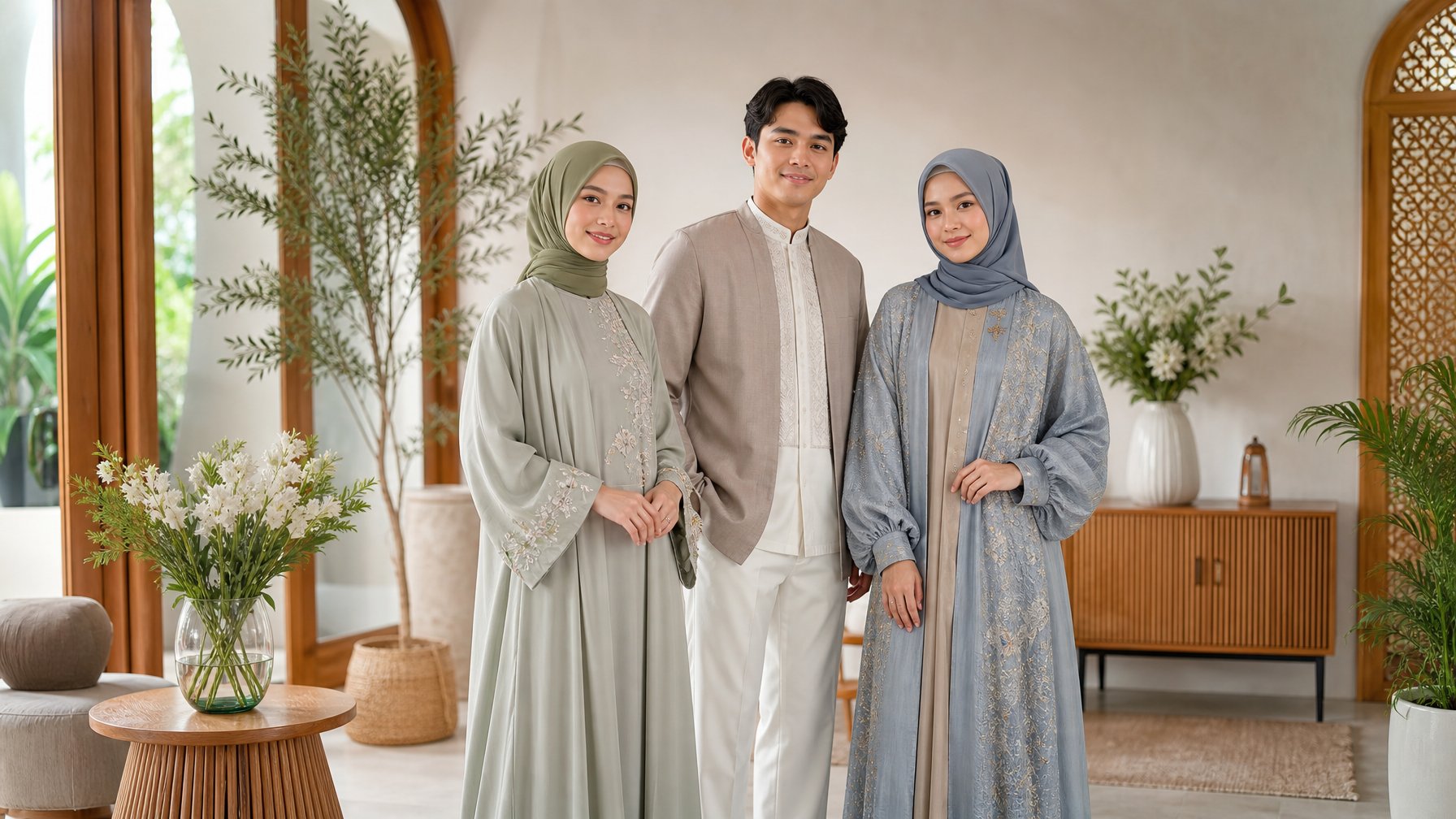 Tiga orang dewasa mengenakan busana Lebaran modern dan elegan di ruangan yang terang.