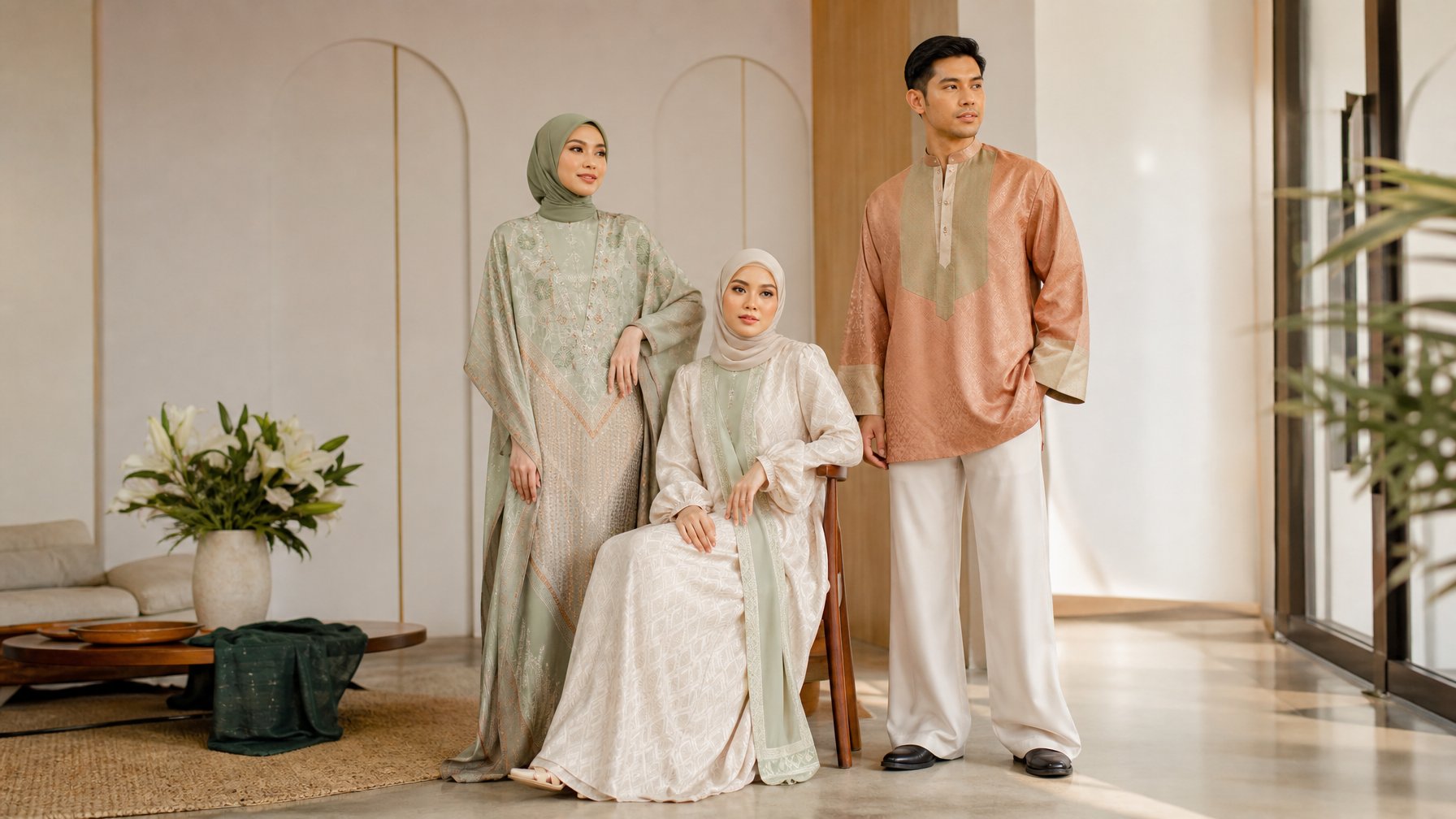 Tiga orang dewasa mengenakan busana Hari Raya modern dan elegan di ruang interior yang terang.
