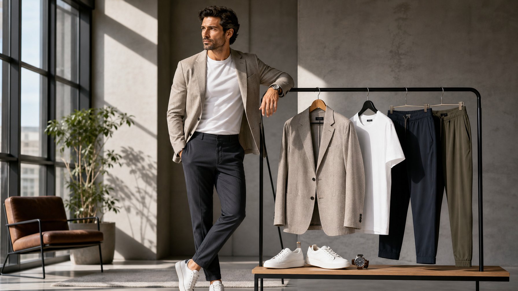 Pria dewasa mengenakan pakaian kasual rapi dengan sentuhan athleisure di ruang urban, disertai beberapa item pakaian netral.