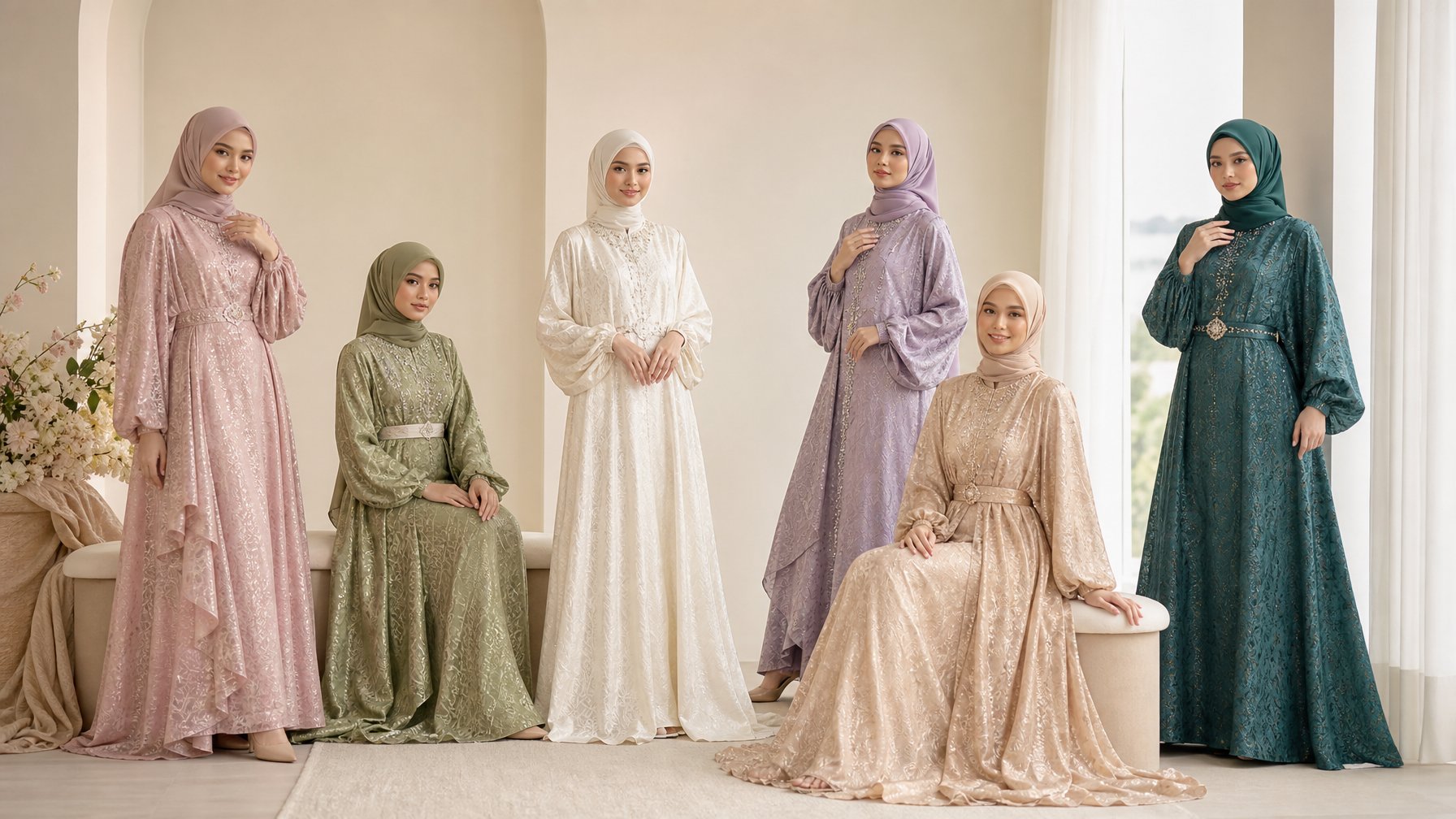 Sekelompok perempuan mengenakan kaftan brokat elegan dalam berbagai warna di studio terang.