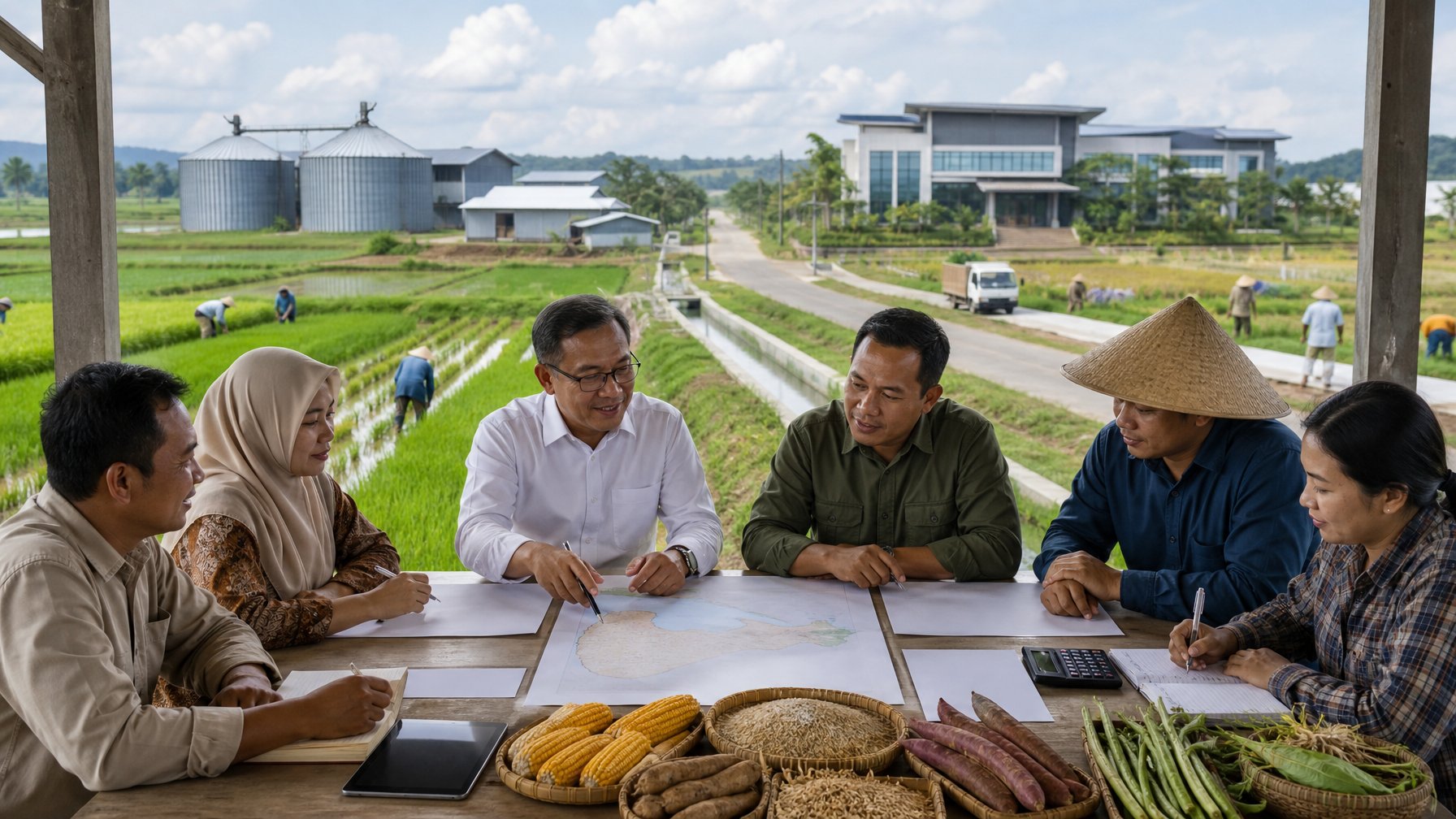 Petani dan pembuat kebijakan berdiskusi di area persawahan dengan fasilitas pertanian modern dan gudang pangan di latar belakang.