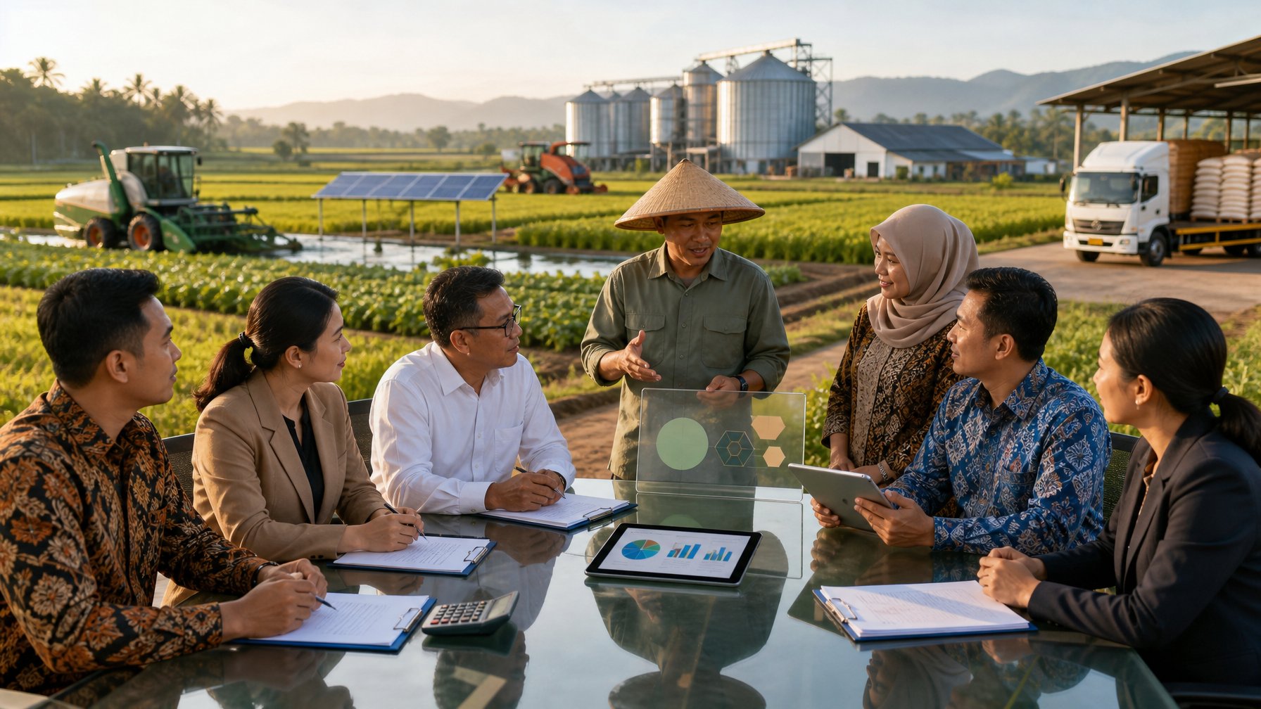 Para pembuat kebijakan, ekonom pertanian, dan petani berdiskusi di dekat sawah, irigasi, fasilitas penyimpanan pangan, serta peralatan perencanaan anggaran.