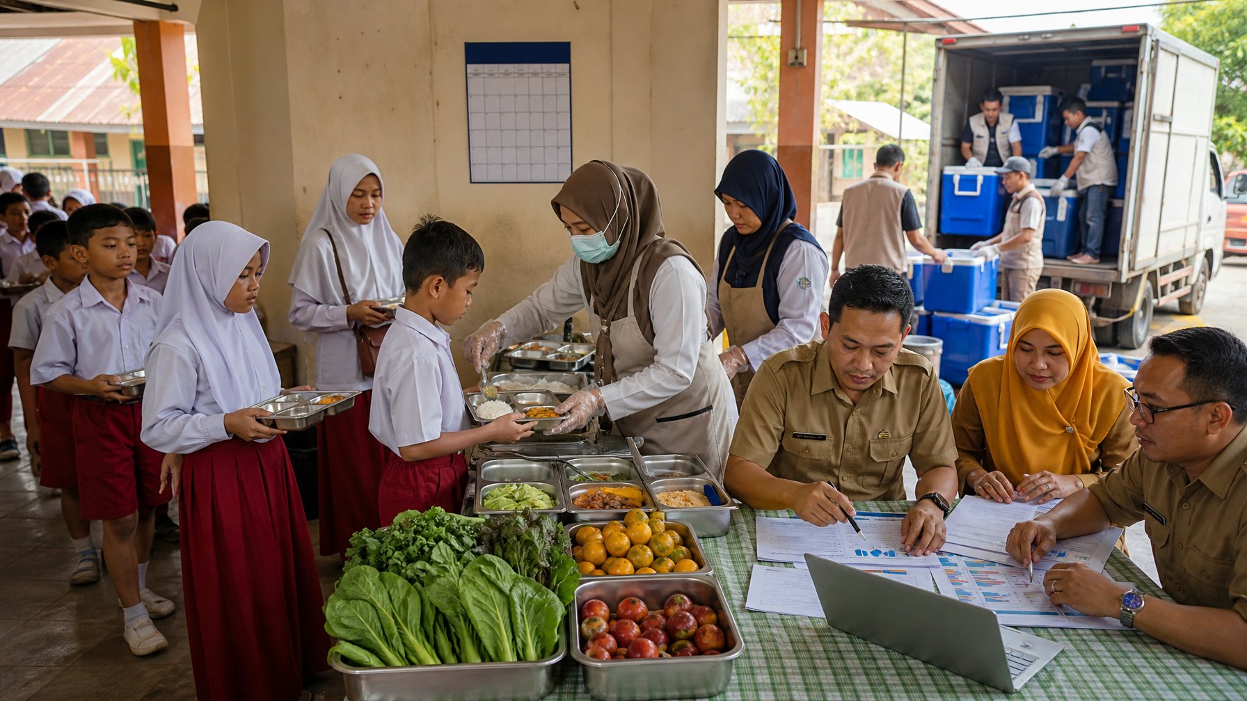 Anak-anak sekolah menerima makanan bergizi di ruang makan sekolah, sementara petugas mengatur distribusi dan persediaan makanan.