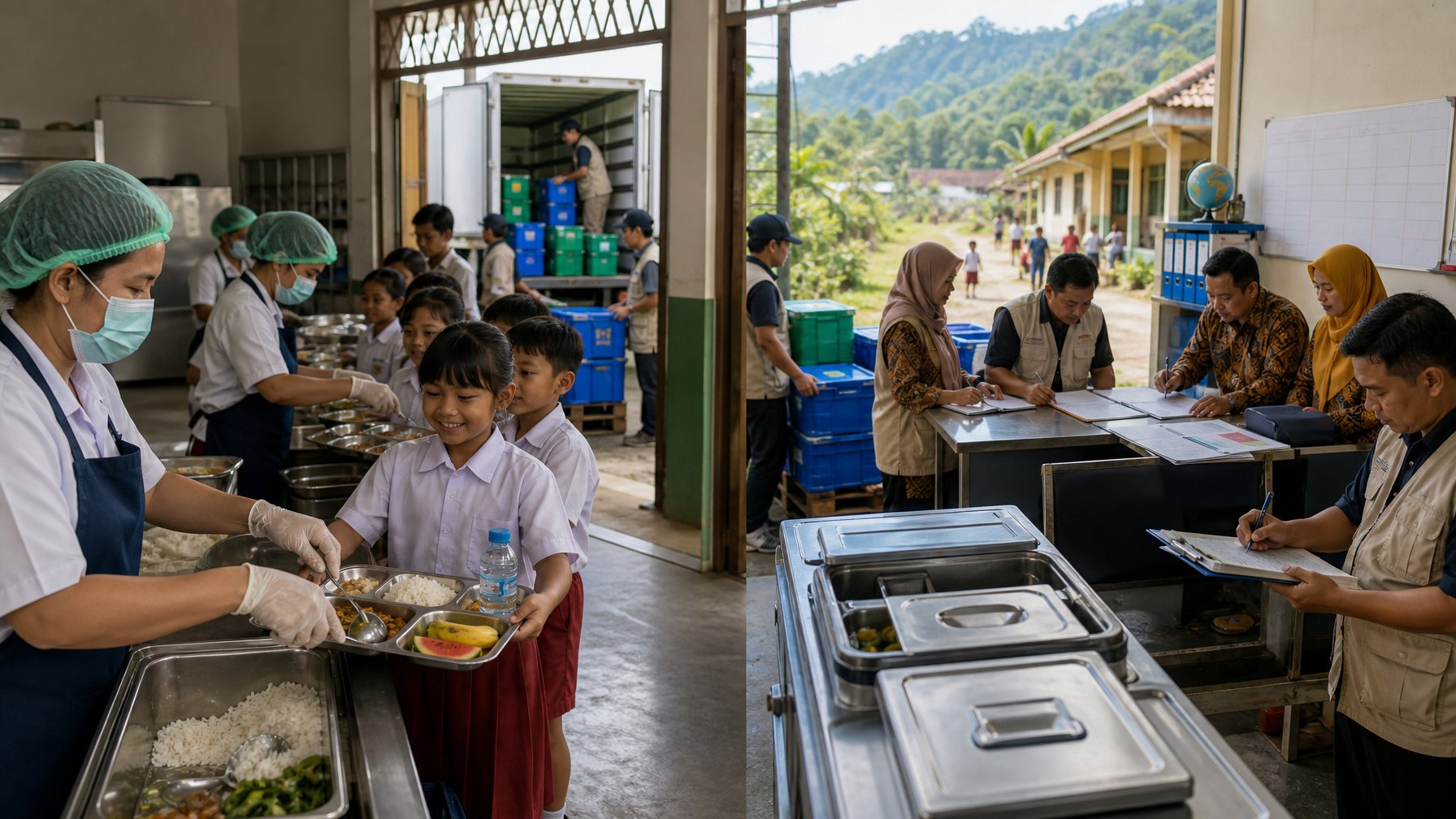 Siswa sekolah menerima makanan bergizi dalam suasana distribusi makanan yang dikelola oleh petugas dan administrator.