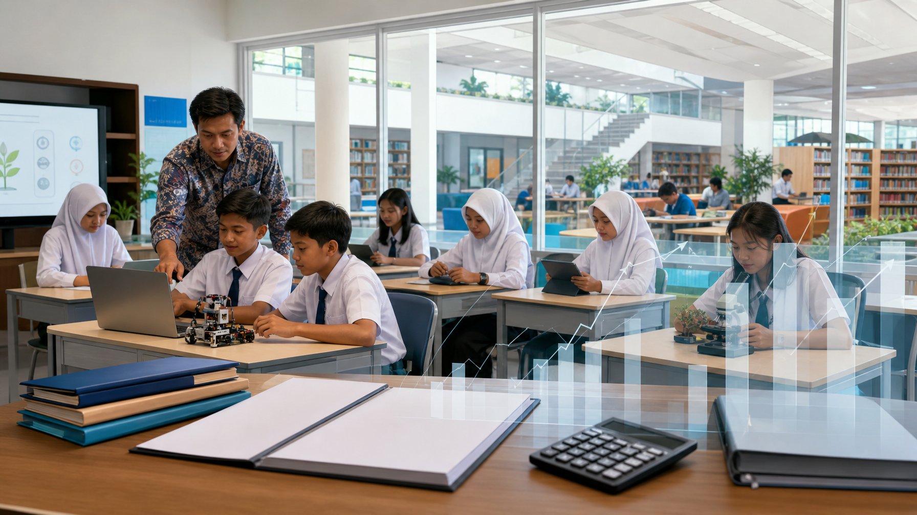 Guru mendampingi siswa belajar di kelas modern dengan fasilitas pendidikan dan perlengkapan evaluasi anggaran.