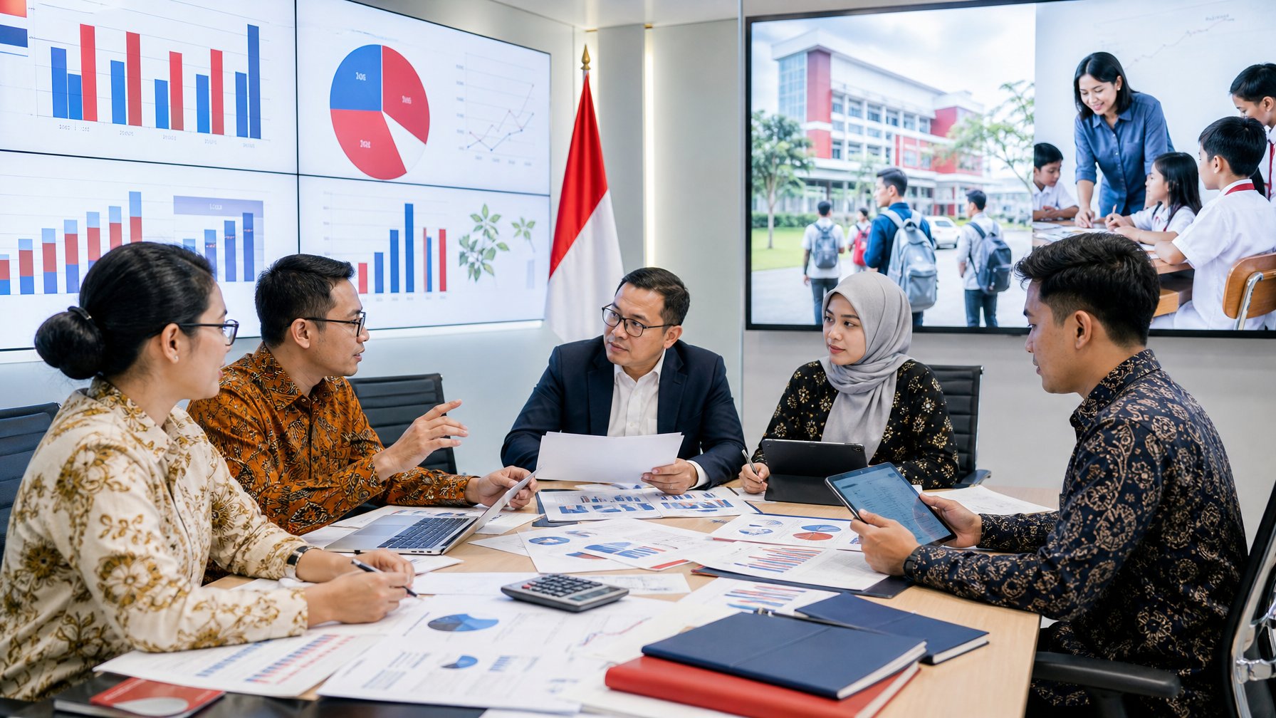 Para analis pendidikan Indonesia meninjau grafik anggaran bersama dalam ruang rapat modern dengan latar sekolah dan siswa.
