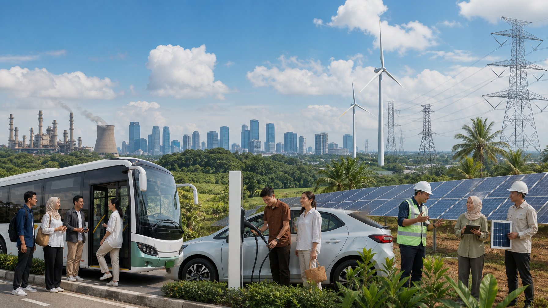 Panel surya, turbin angin, transportasi listrik, dan masyarakat Indonesia dalam lanskap perkotaan dan tropis.
