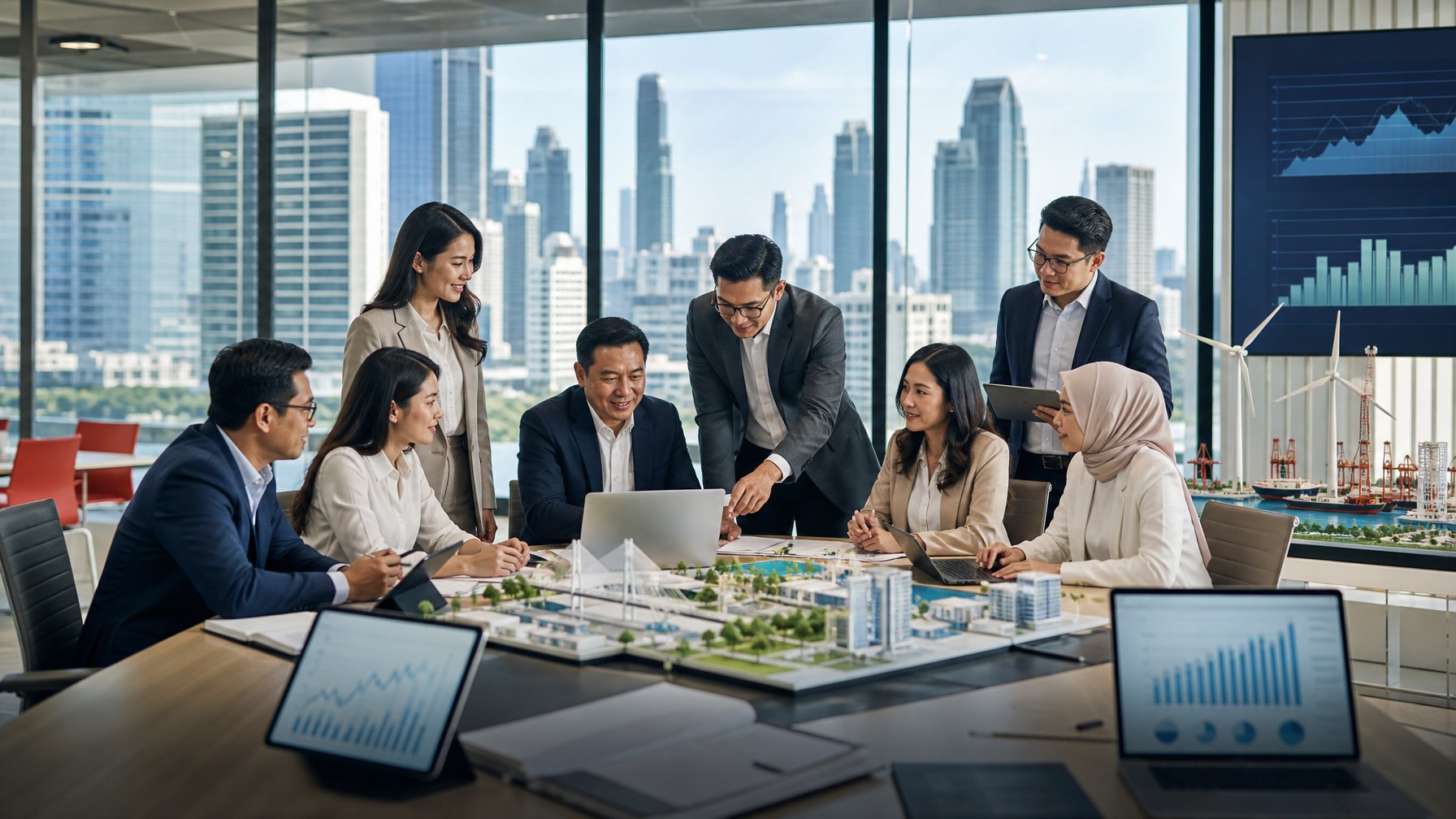 Para profesional Indonesia berdiskusi tentang investasi dan pembangunan ekonomi di ruang rapat modern dengan latar gedung perkotaan.