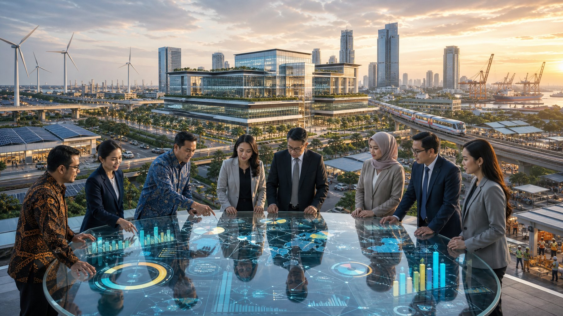 Para profesional Indonesia berdiskusi di ruang modern dengan latar kawasan bisnis, infrastruktur, dan fasilitas energi.