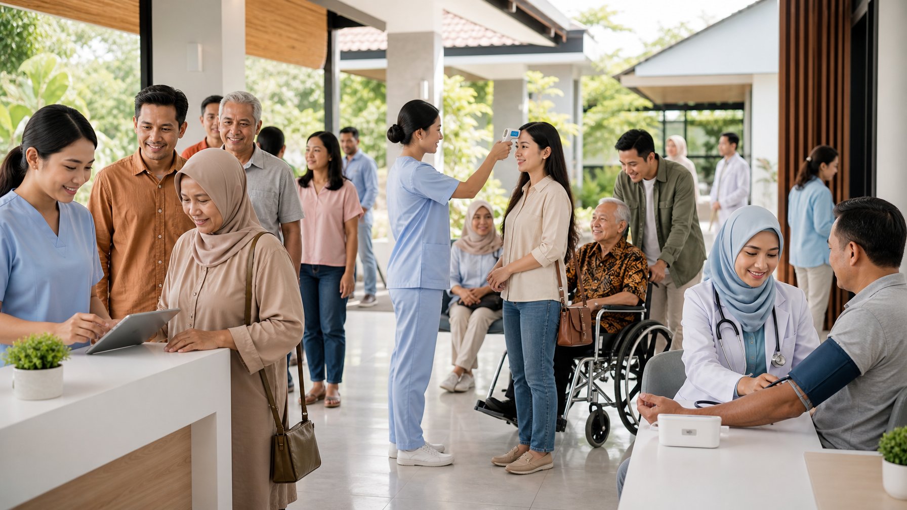 Masyarakat Indonesia dari berbagai usia menjalani pemeriksaan kesehatan gratis di pusat layanan kesehatan bersama tenaga medis.