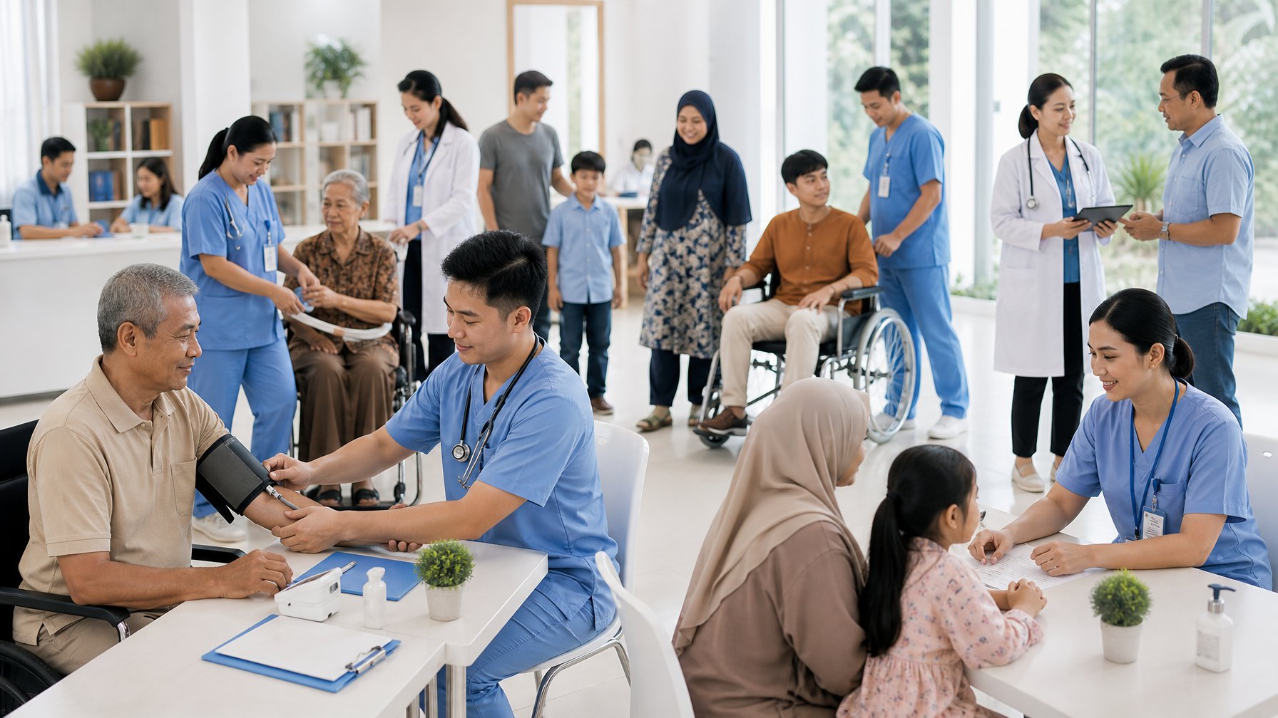 Masyarakat dari berbagai usia menerima layanan pemeriksaan kesehatan dasar di klinik modern dengan bantuan tenaga kesehatan.