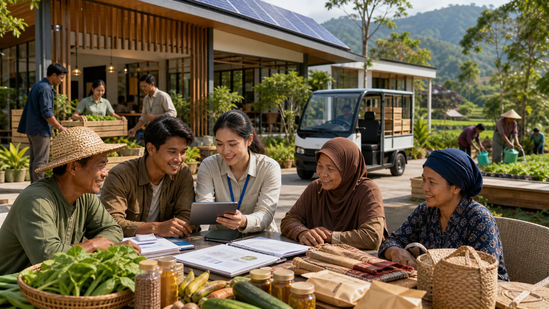 Warga desa bekerja sama di pusat koperasi modern dengan produk lokal, teknologi digital, dan lahan pertanian di sekitarnya.