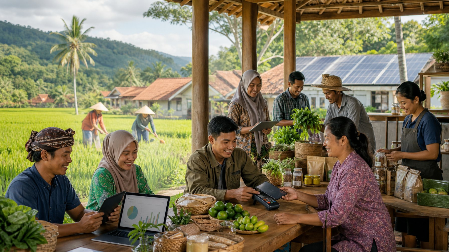 Warga desa Indonesia bekerja sama di pusat koperasi modern dengan produk pertanian dan teknologi digital.