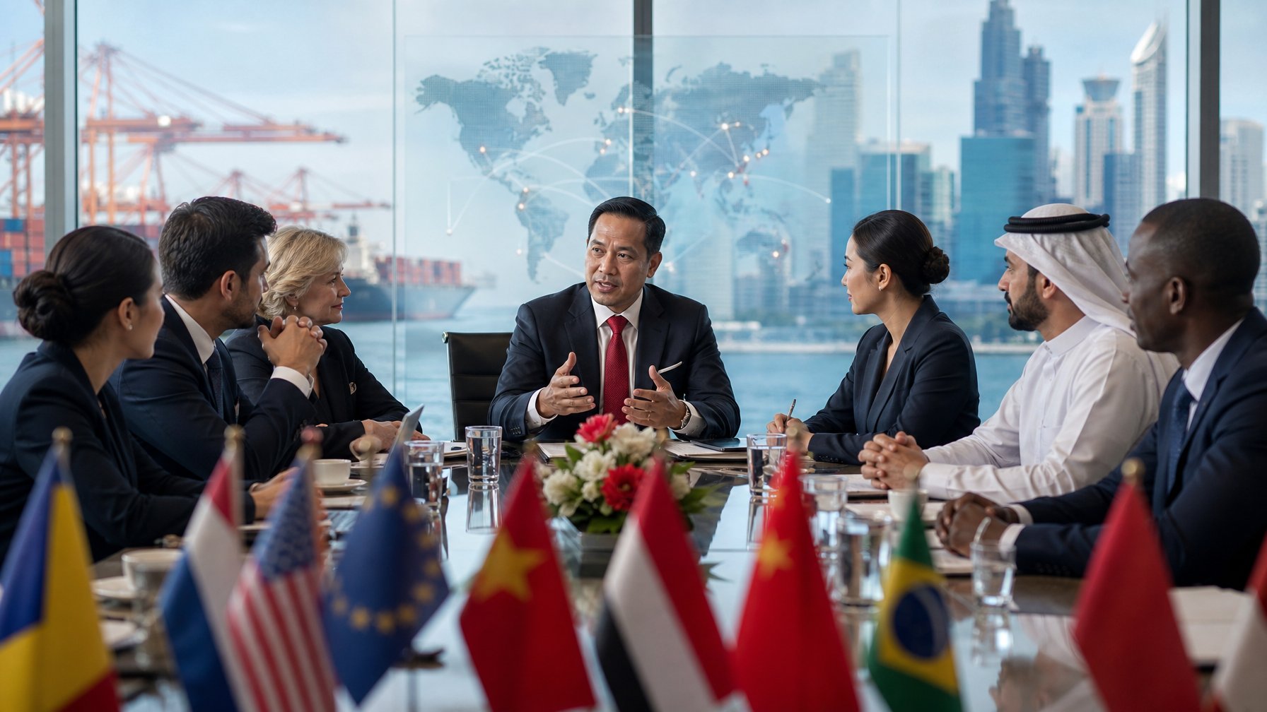 Diplomat Indonesia dan perwakilan internasional berdiskusi dalam pertemuan bisnis dengan latar pelabuhan dan peta dunia.