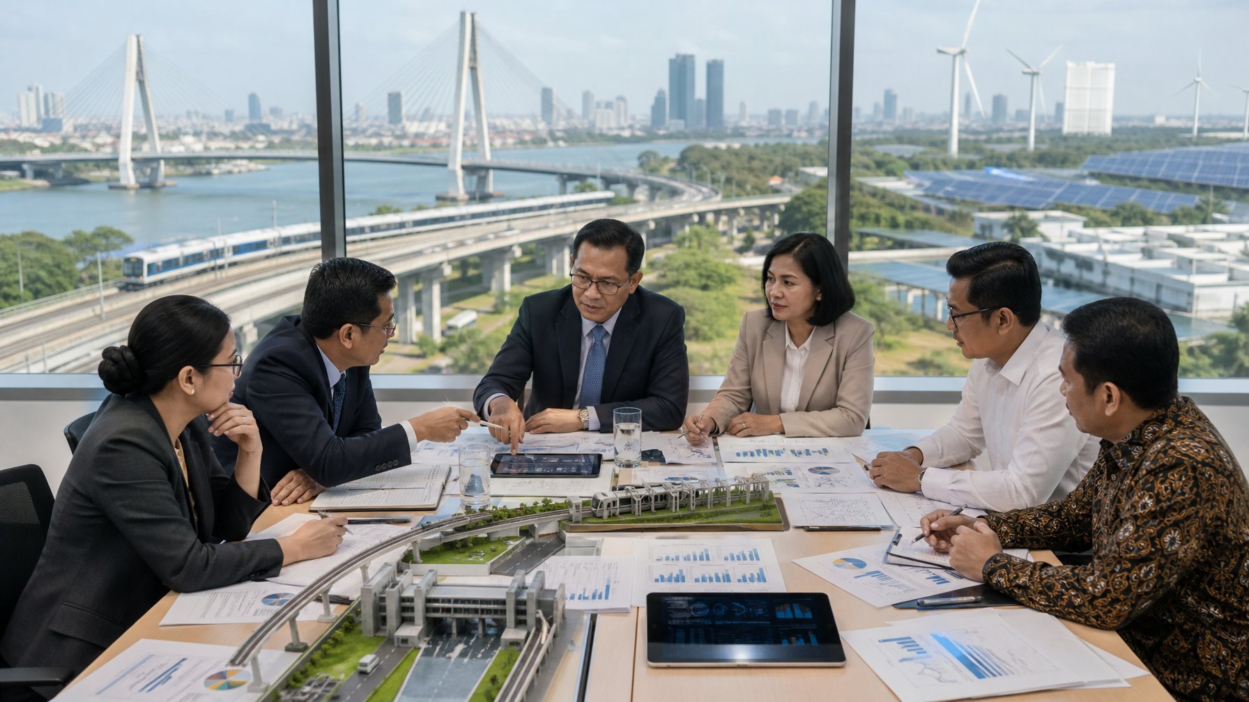 Para pembuat kebijakan Indonesia berdiskusi tentang alokasi anggaran dan prioritas pembangunan infrastruktur di ruang rapat modern.