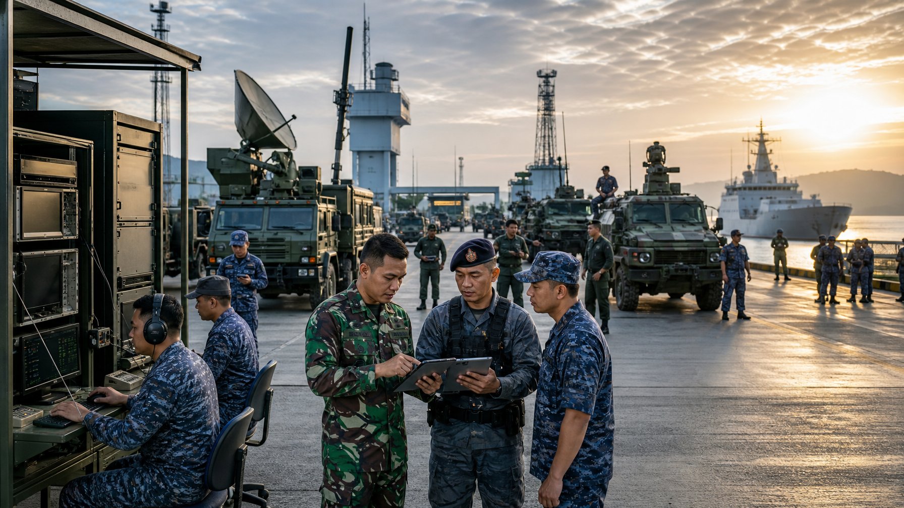 Personel pertahanan memeriksa peralatan militer modern di pangkalan yang dilengkapi sistem komunikasi dan radar.