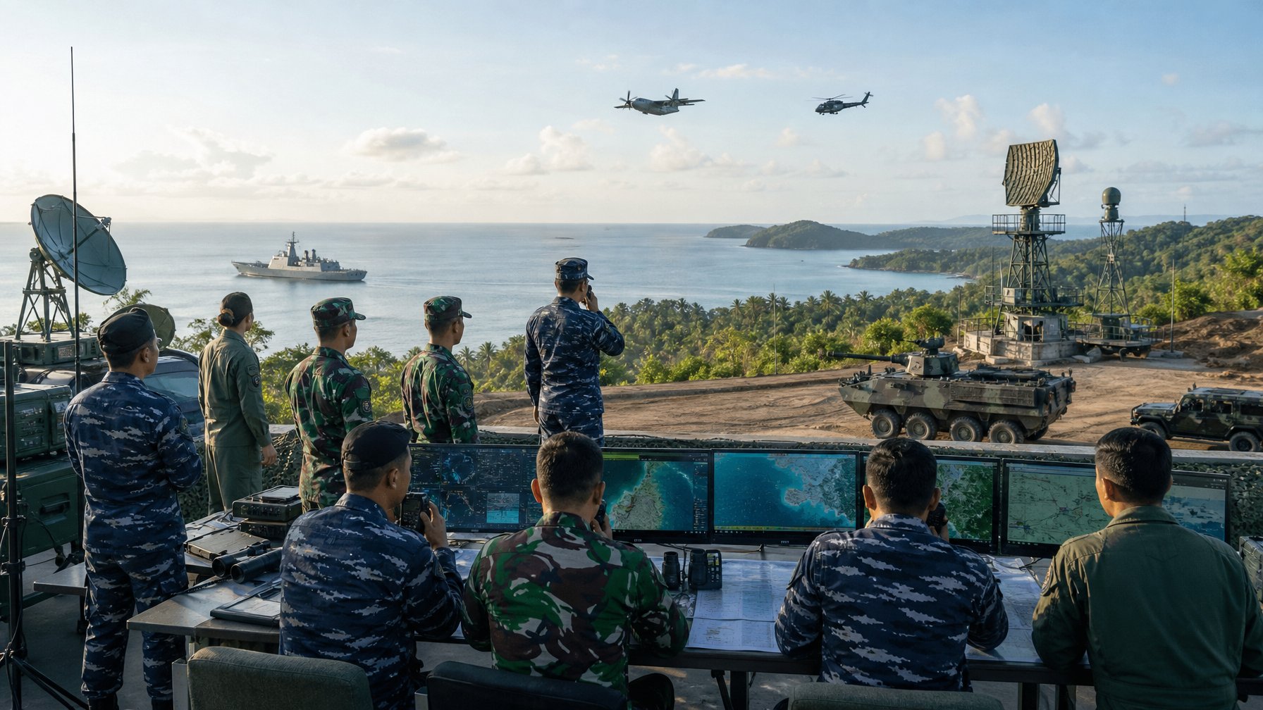 Personel pertahanan Indonesia mengamati kapal patroli, pesawat, helikopter, dan kendaraan lapis baja dalam lingkungan pesisir yang aman.