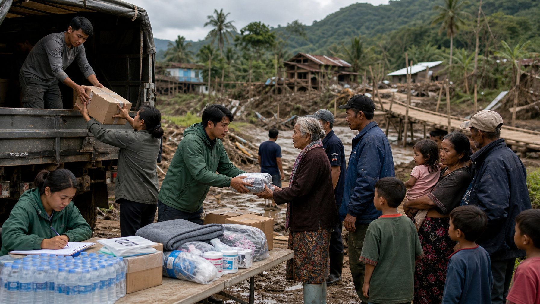Relawan membagikan makanan, air, dan perlengkapan bantuan kepada warga di daerah terpencil yang terdampak bencana.
