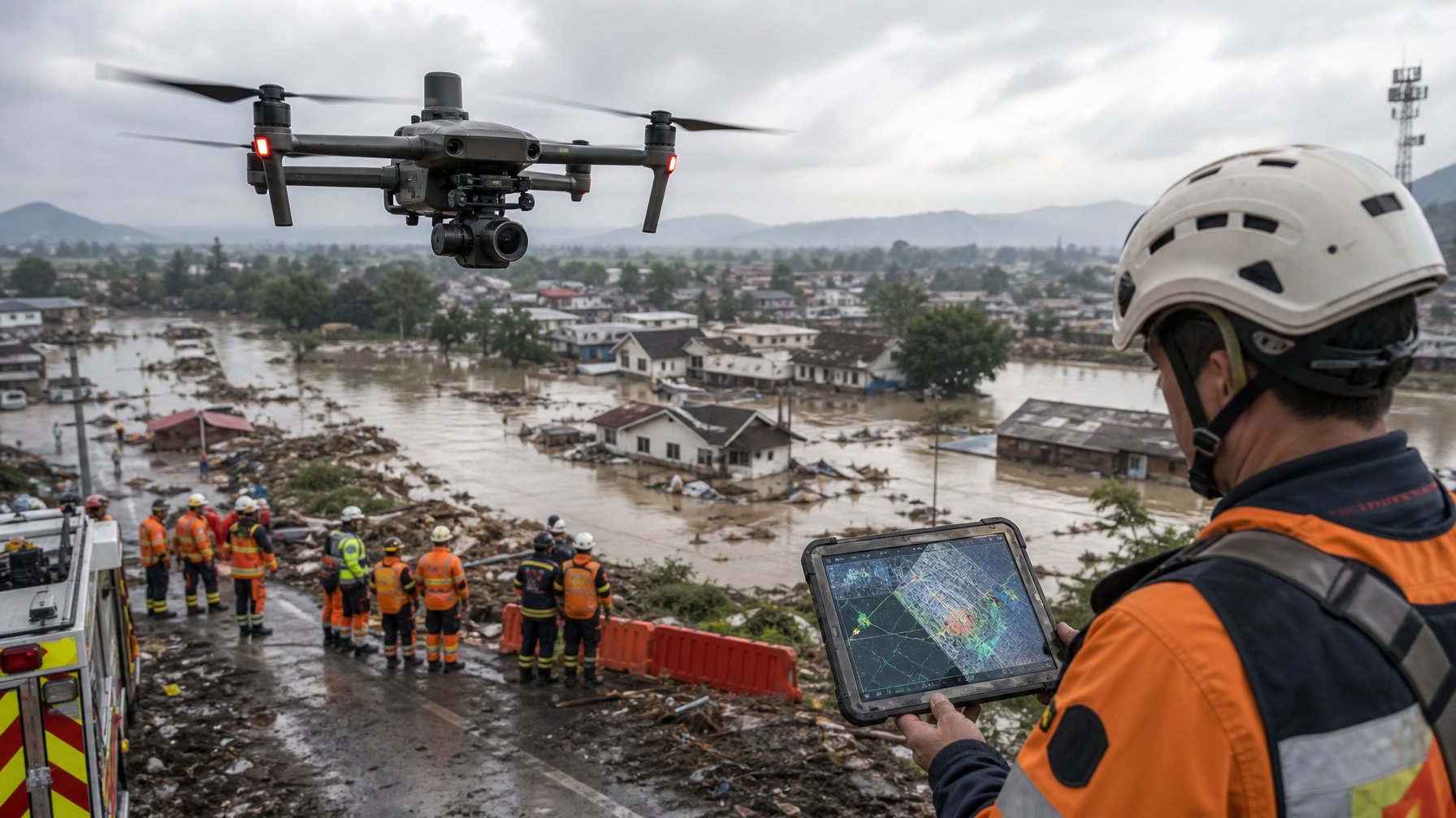 Drone memetakan wilayah yang terdampak banjir sementara petugas darurat memantau data di lapangan.