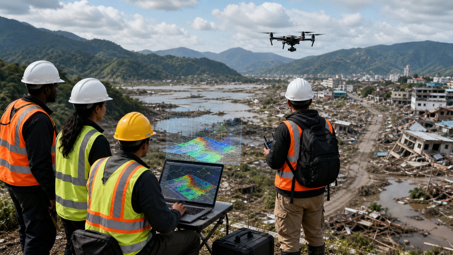 Tim tanggap bencana menggunakan drone dan perangkat pemetaan untuk menganalisis wilayah terdampak banjir dan kerusakan.