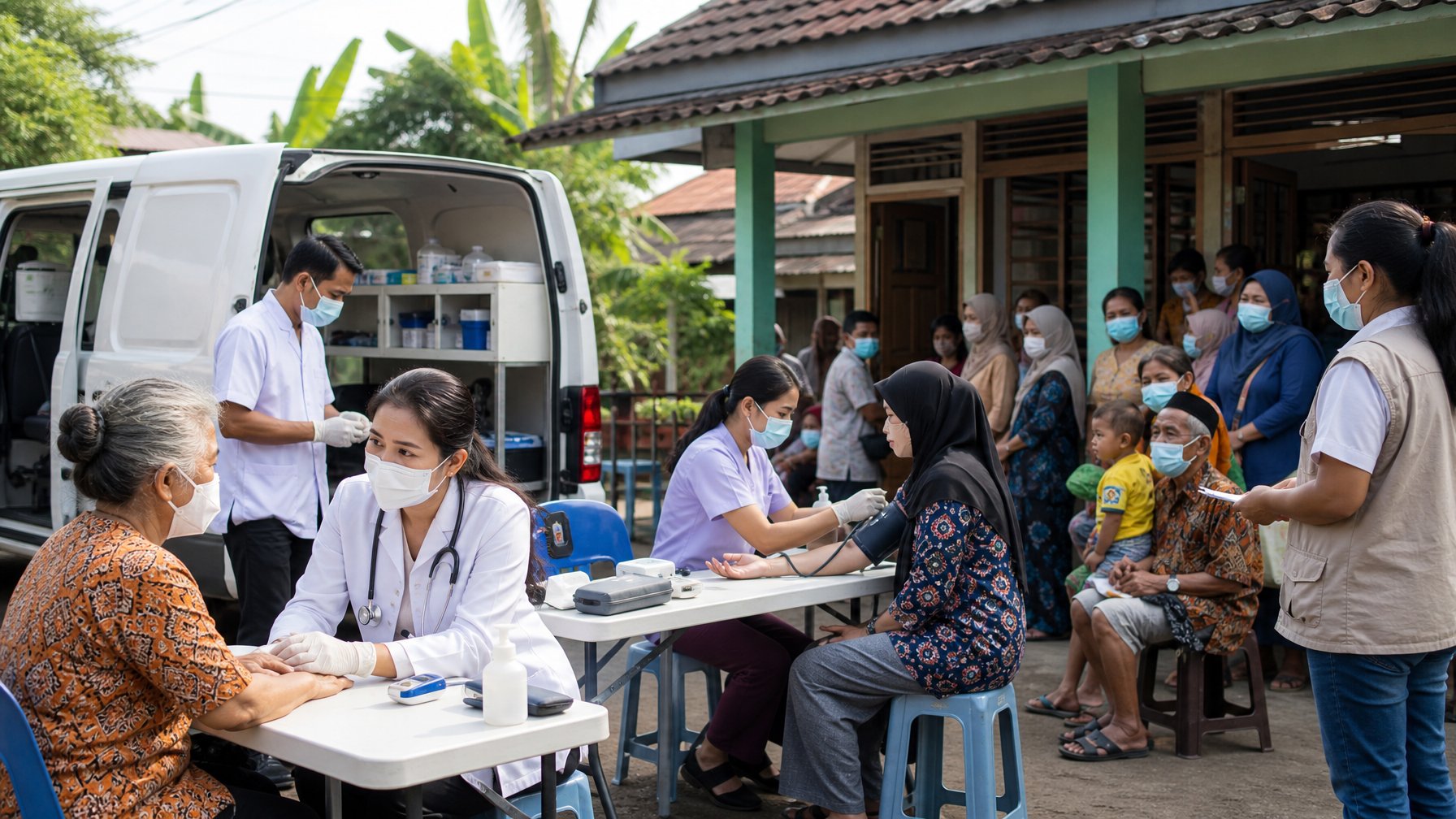 Tenaga kesehatan memberikan layanan pemeriksaan gratis kepada warga di klinik keliling.