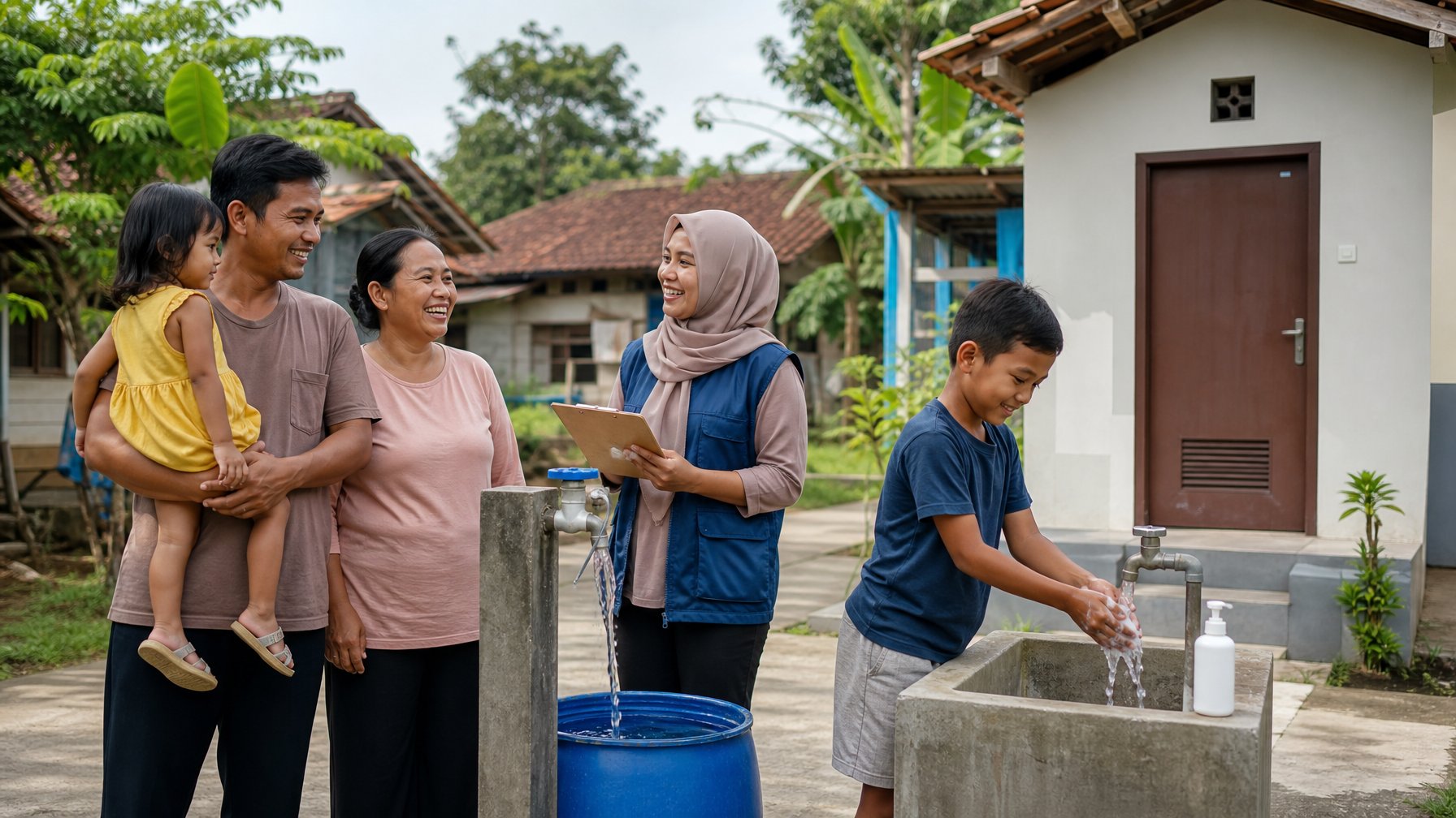 Keluarga dan petugas kesehatan menggunakan fasilitas air bersih, tempat cuci tangan, dan toilet yang higienis di lingkungan komunitas.