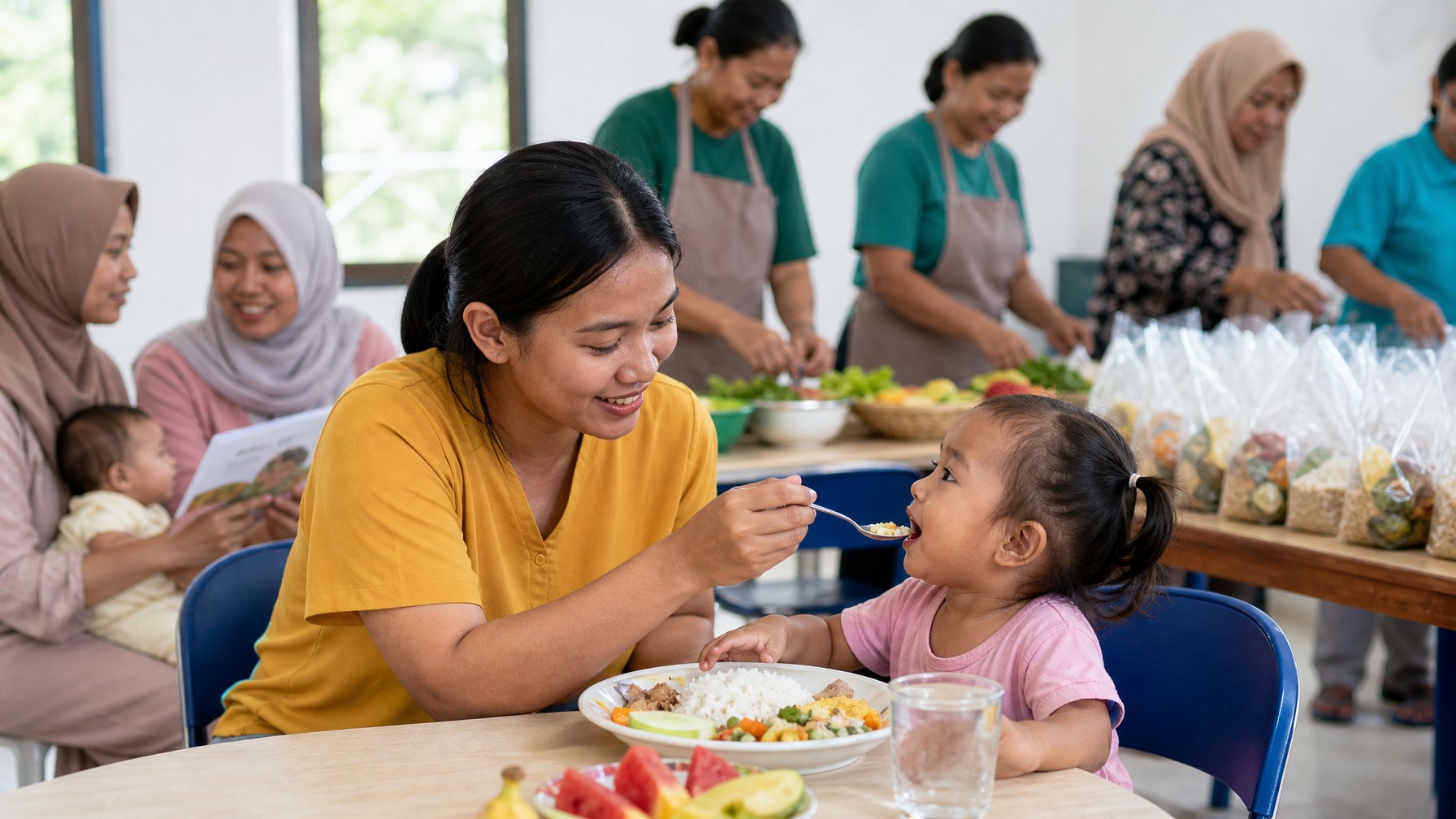 Relawan dan orang tua bekerja sama menyiapkan serta membagikan makanan bergizi kepada balita di pusat komunitas.