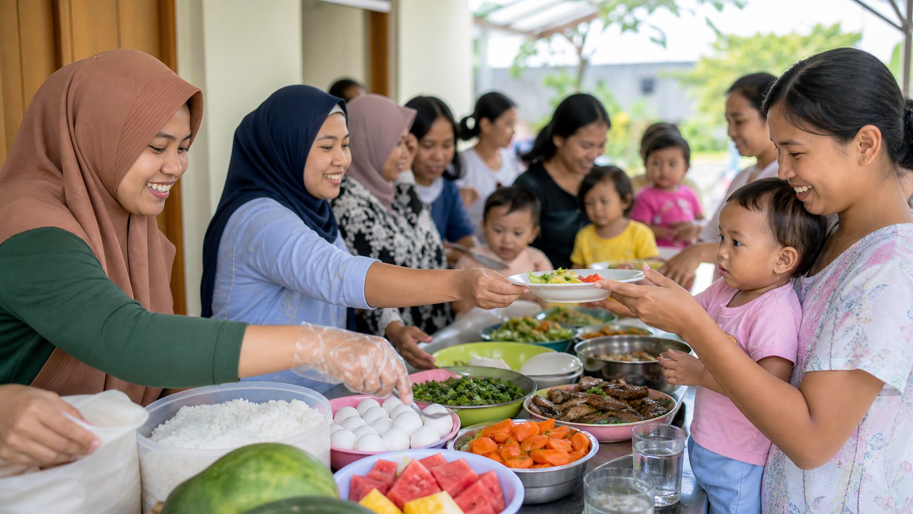 Relawan, petugas kesehatan, dan orang tua bekerja sama membagikan makanan bergizi kepada balita di lingkungan komunitas.