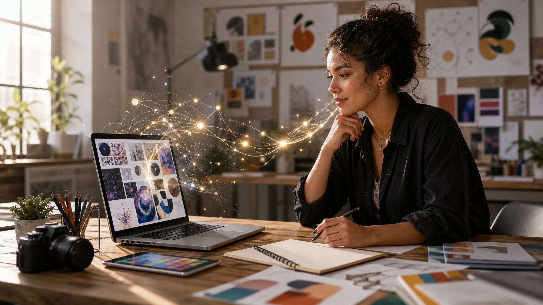 Seorang pekerja kreatif menggunakan laptop dengan bantuan visual AI di ruang kerja modern.