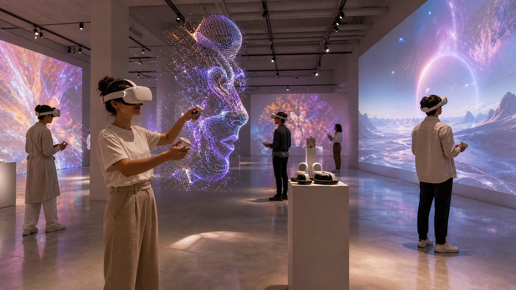 Pengunjung mengenakan headset realitas virtual di galeri seni modern dengan karya digital bercahaya.