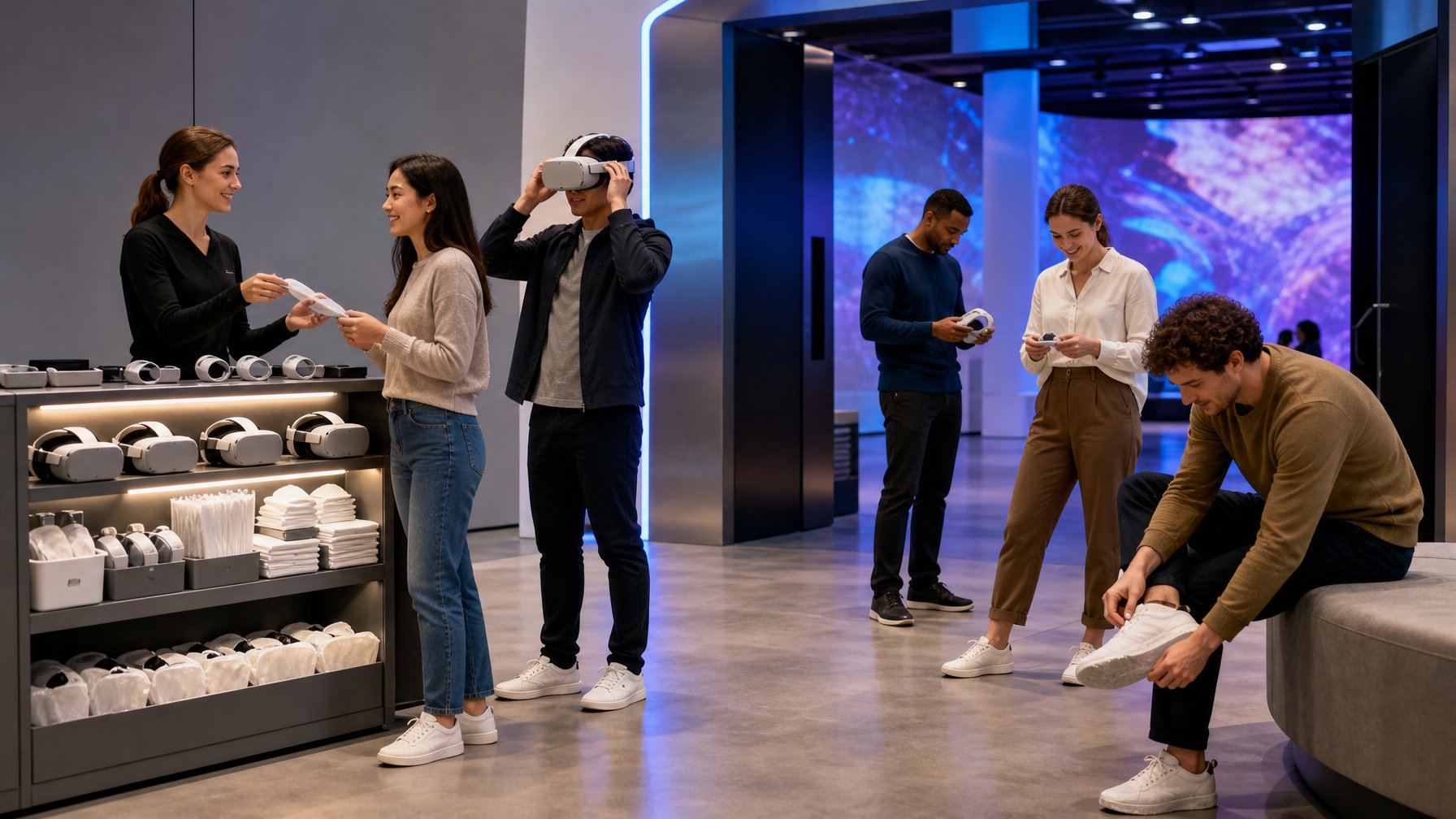 Pengunjung menyiapkan perangkat realitas virtual sebelum memasuki galeri seni imersif.