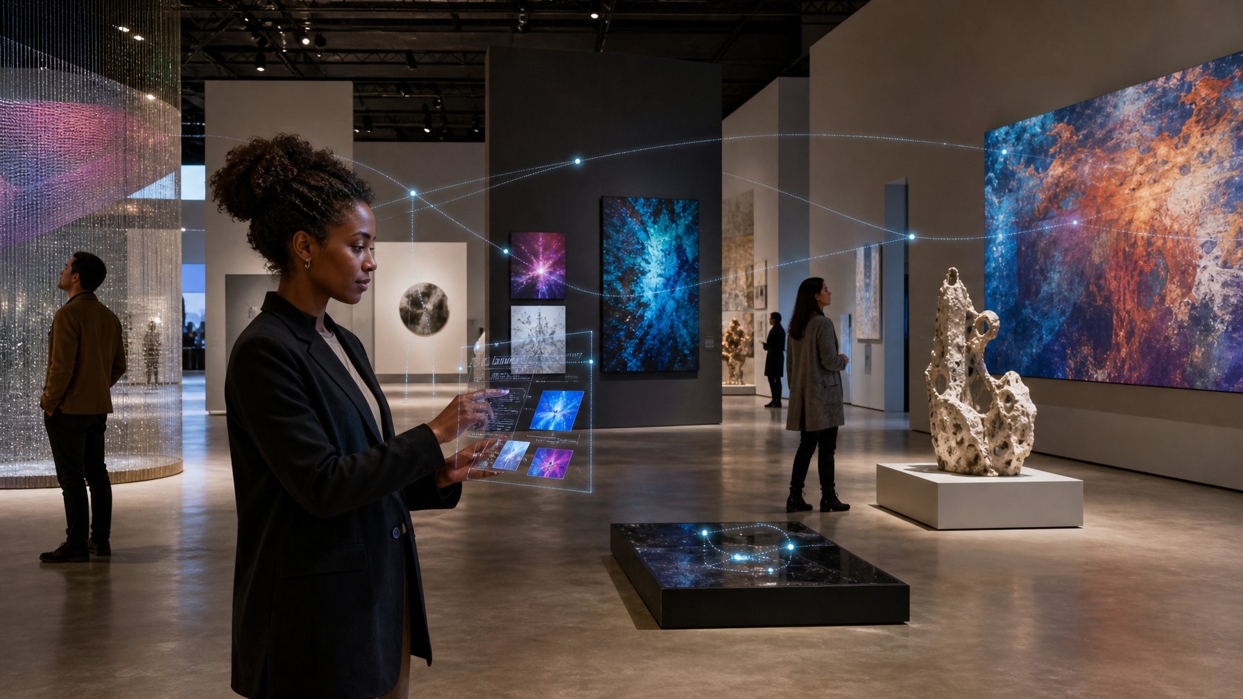 Kurator menggunakan teknologi AI untuk menata pameran di galeri seni kontemporer.