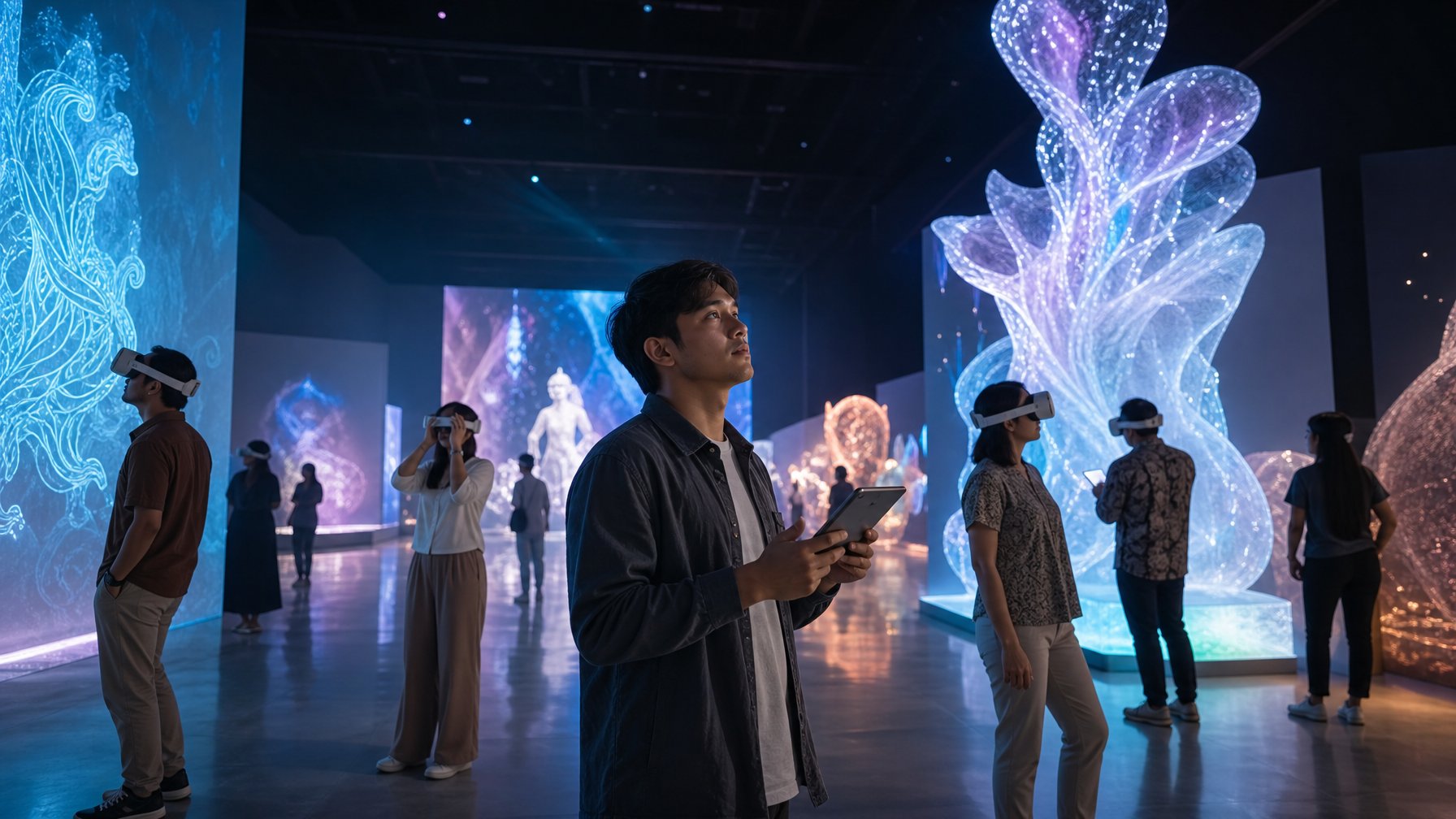 Pengunjung Indonesia menikmati pameran seni digital imersif dengan headset realitas virtual di galeri futuristik.