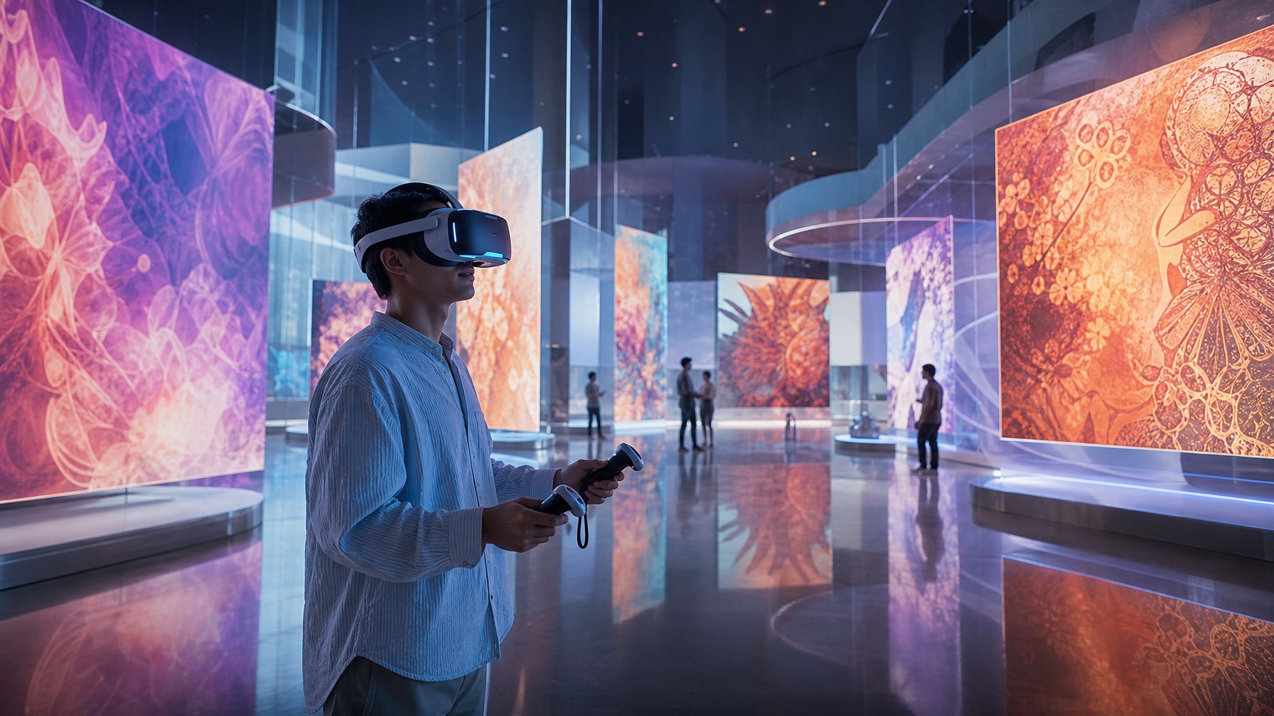 Seorang pengunjung menjelajahi galeri seni digital imersif menggunakan headset realitas virtual.
