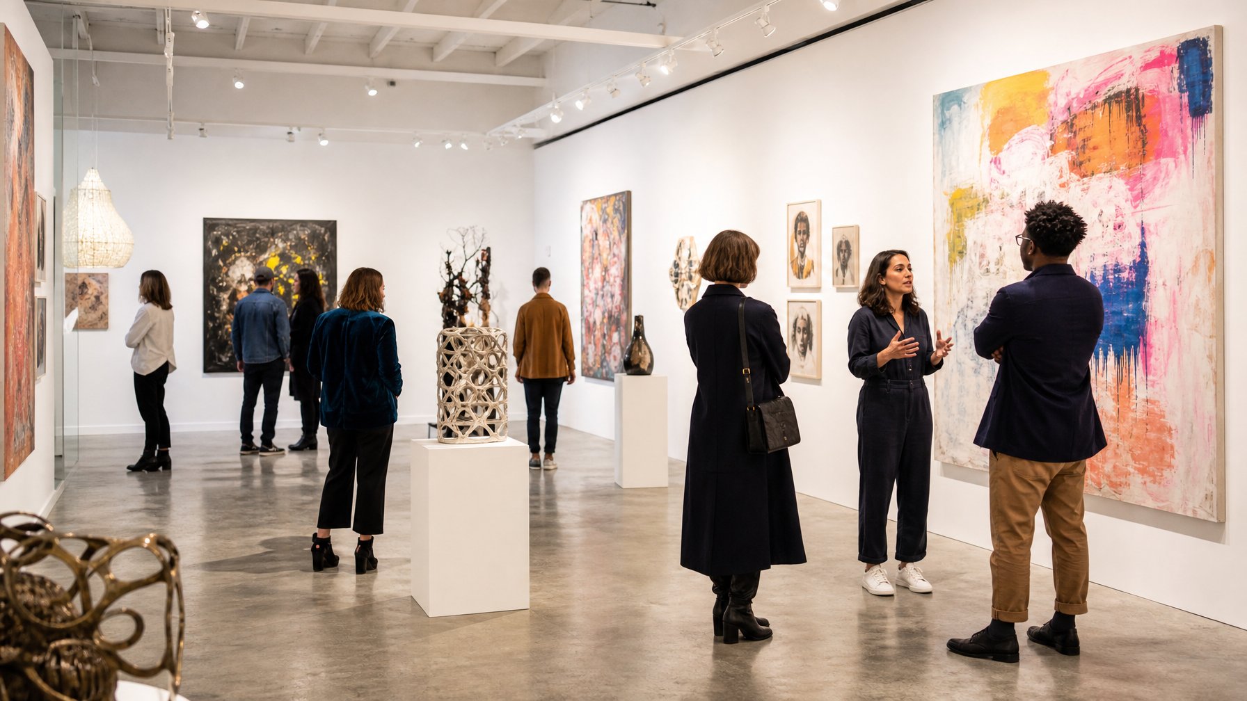 Pengunjung menjelajahi pameran karya seniman muda di dalam galeri seni independen.