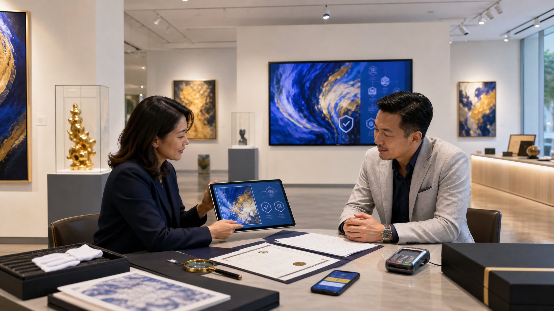 Pembeli dan penasihat galeri memeriksa karya seni fisik dan digital beserta dokumen keasliannya di galeri modern.