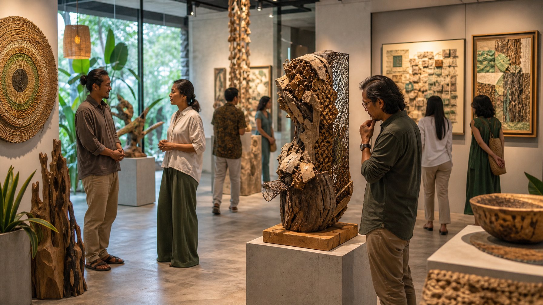 Pengunjung mengamati karya seni berkelanjutan di dalam galeri lokal.
