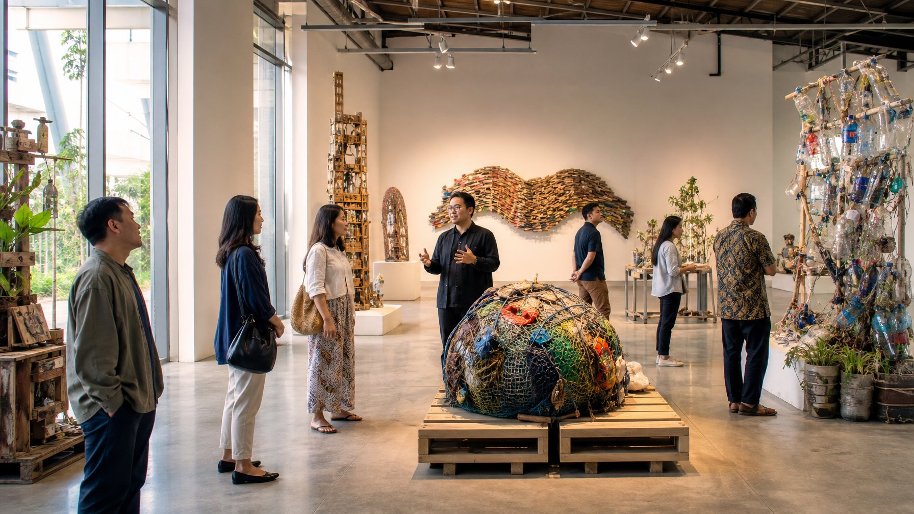 Pengunjung mengamati karya seni dari bahan daur ulang di galeri modern Jakarta.