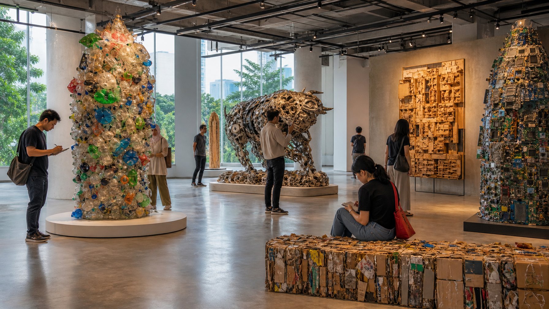 Pengunjung menjelajahi pameran seni yang dibuat dari berbagai bahan daur ulang di sebuah galeri Jakarta.