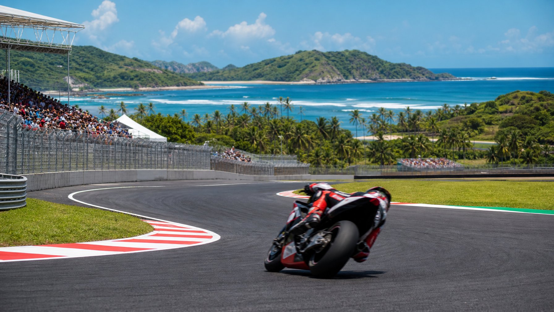 Pembalap MotoGP melaju di tikungan Sirkuit Internasional Mandalika dengan latar bukit hijau, laut, dan penonton.