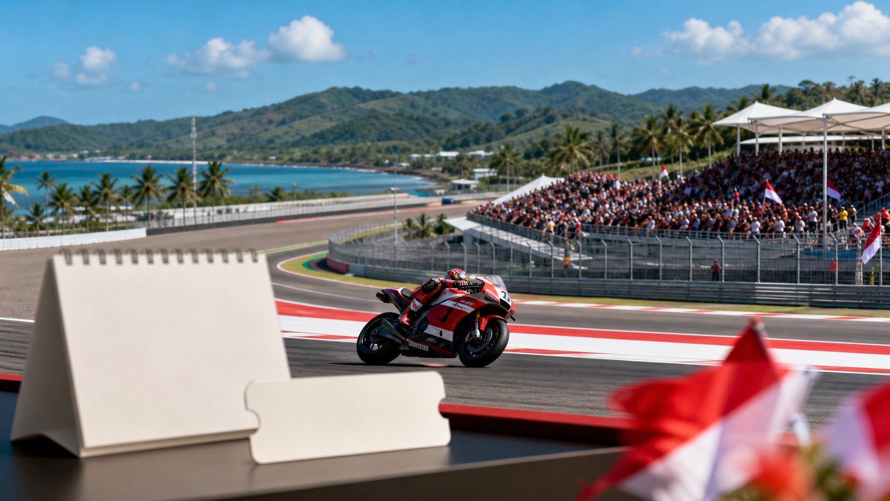 Balapan motor bergaya MotoGP berlangsung di Sirkuit Mandalika dengan penonton dan pemandangan tropis Lombok.