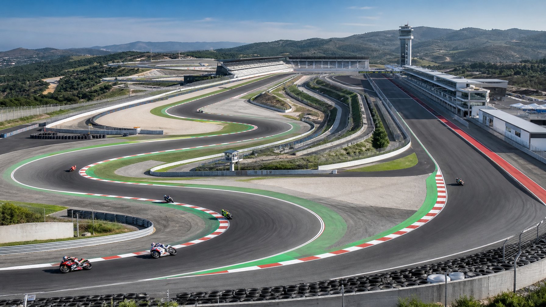 Lintasan MotoGP modern dengan tikungan teknis, trek lurus panjang, perubahan elevasi, dan beberapa pembalap motor sedang berlomba.
