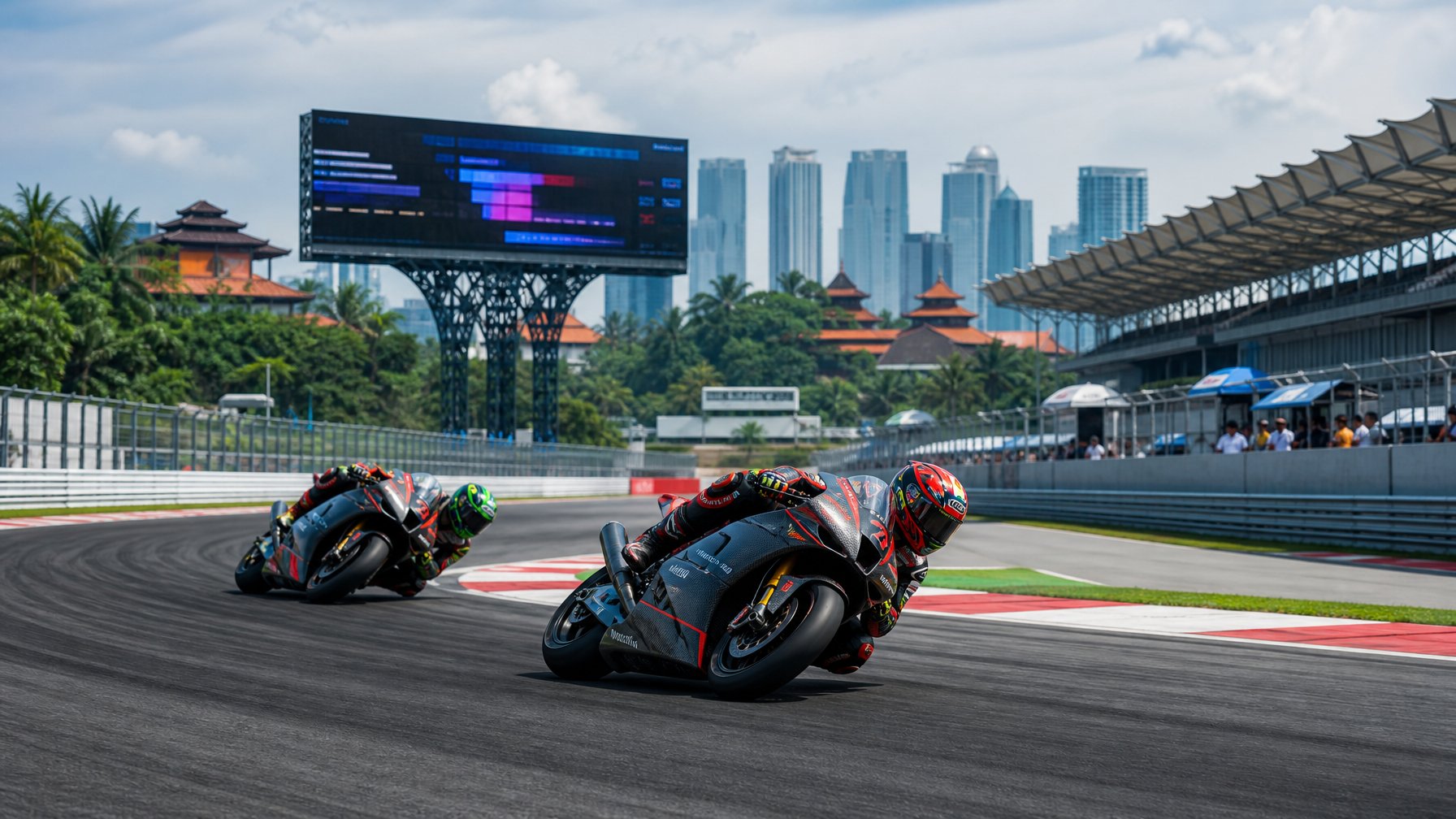 Dua pembalap MotoGP melaju di tikungan sirkuit modern berlatar suasana Asia.