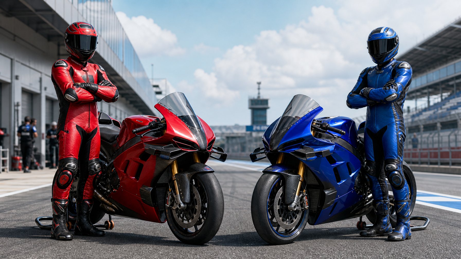 Dua pembalap berdiri di samping motor balap Ducati dan Yamaha di area pit sirkuit.