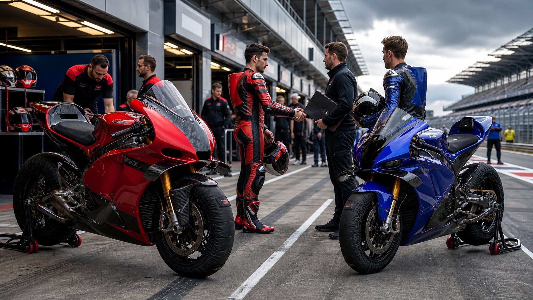 Suasana paddock MotoGP dengan dua motor balap berwarna merah dan biru serta pembalap dan kru yang mempersiapkan musim baru.