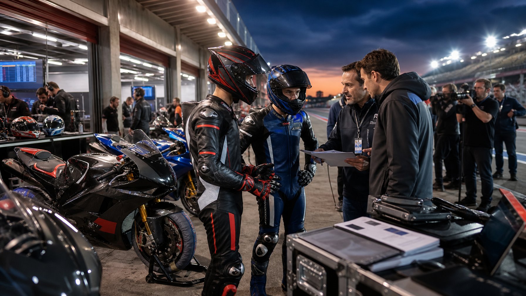 Dua pembalap motor berbicara dengan perwakilan tim di area paddock balap yang ramai.