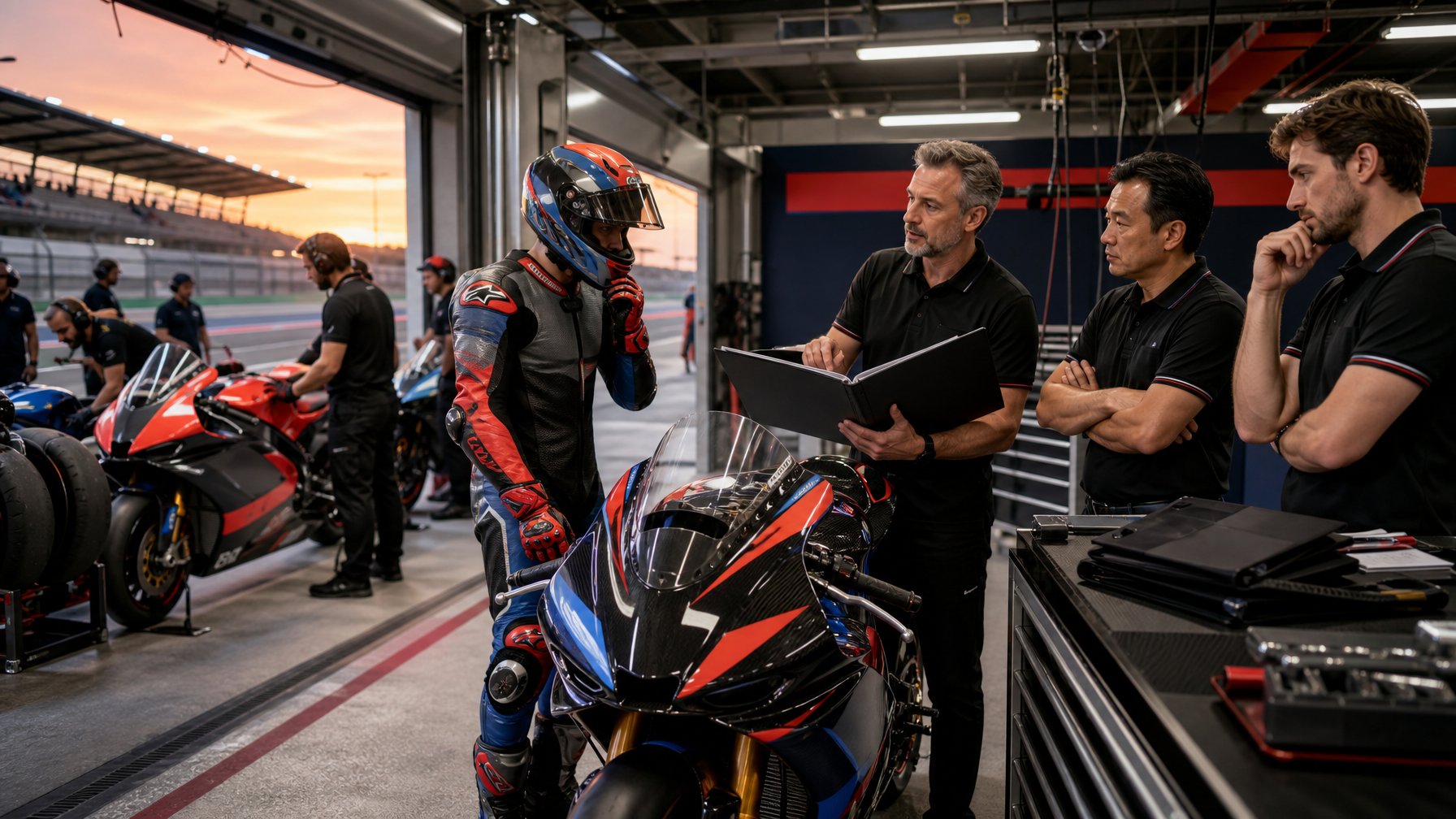 Pembalap dan tim teknis berdiskusi di garasi paddock MotoGP dengan beberapa motor balap yang siap digunakan.