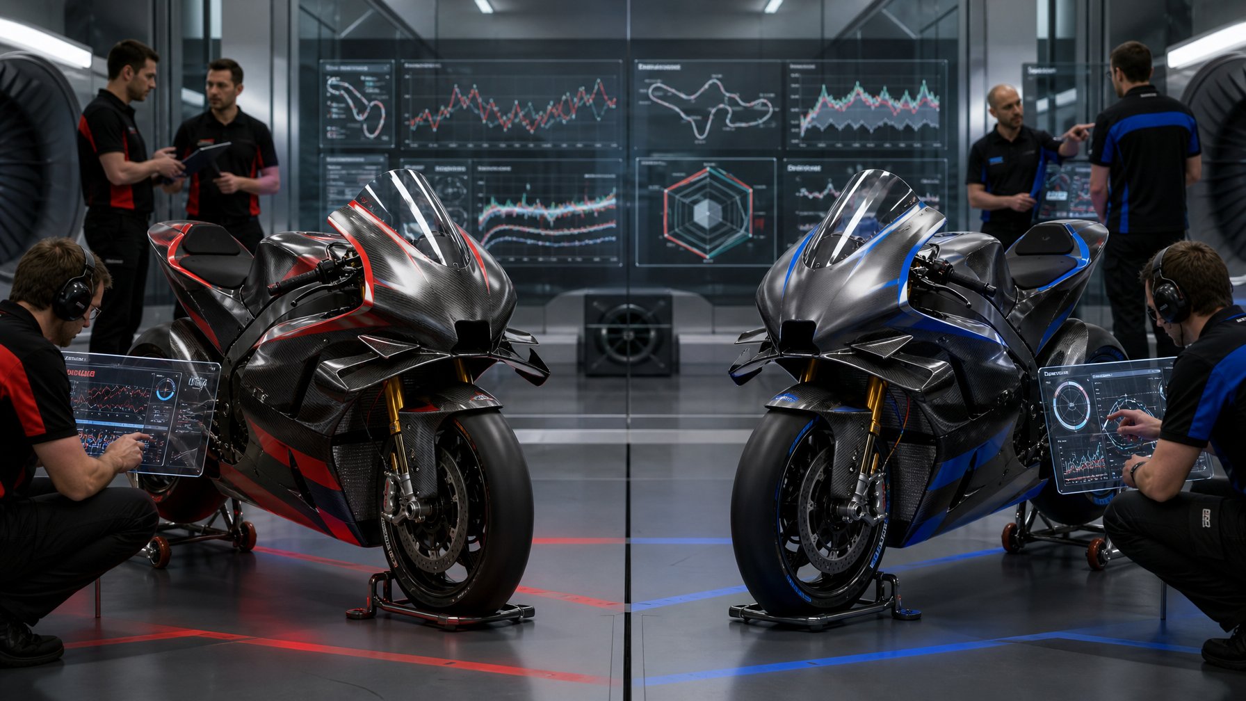Dua motor balap MotoGP futuristis dibandingkan di fasilitas teknik, dengan para insinyur memeriksa data performa.